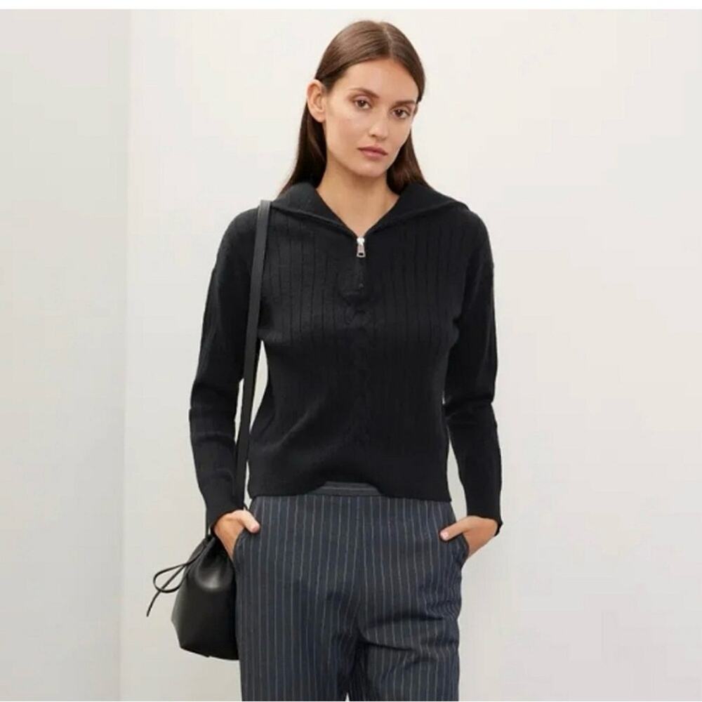Area‎ Stars Quarter Zip Sweater Black Cable Knit Ribbed Collared Pullover S NEW